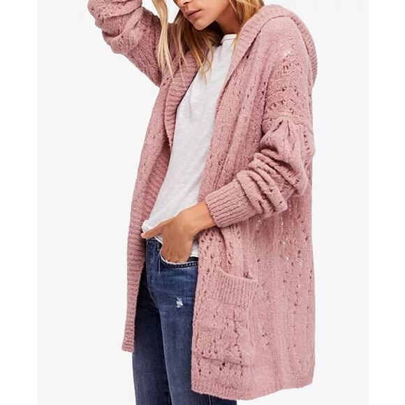 Free People Lemon Drop Alpaca Hooded Oversized Cardigan Sweater Size M Boho Pink - Picture 1 of 12